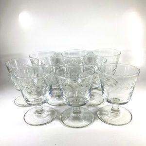 Set of 9 Vintage Glass Etched Laurel Leaf Vine Pattern Pedestal Berry Ice Cream